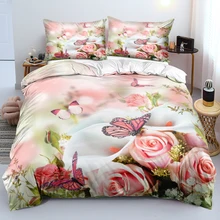 

Hot Sale Pink Rose Butterfly Bed Linen Set Skin-Friendly Quilt Cover With Pillowcases Retain Softness Twin Full Queen King Sizes