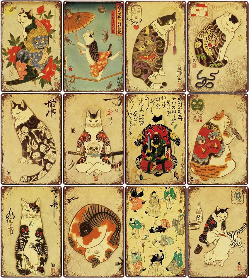 Винтажный Японский самурайский Кот тату металлические знаки настенный постер