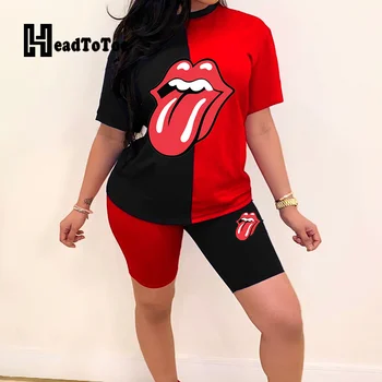 

Big Lips Print Colorblock Short Sleeve Tops & Skinny Shorts Set Women 2 Piece Set Casual Summer Two Piece Outfits for Women