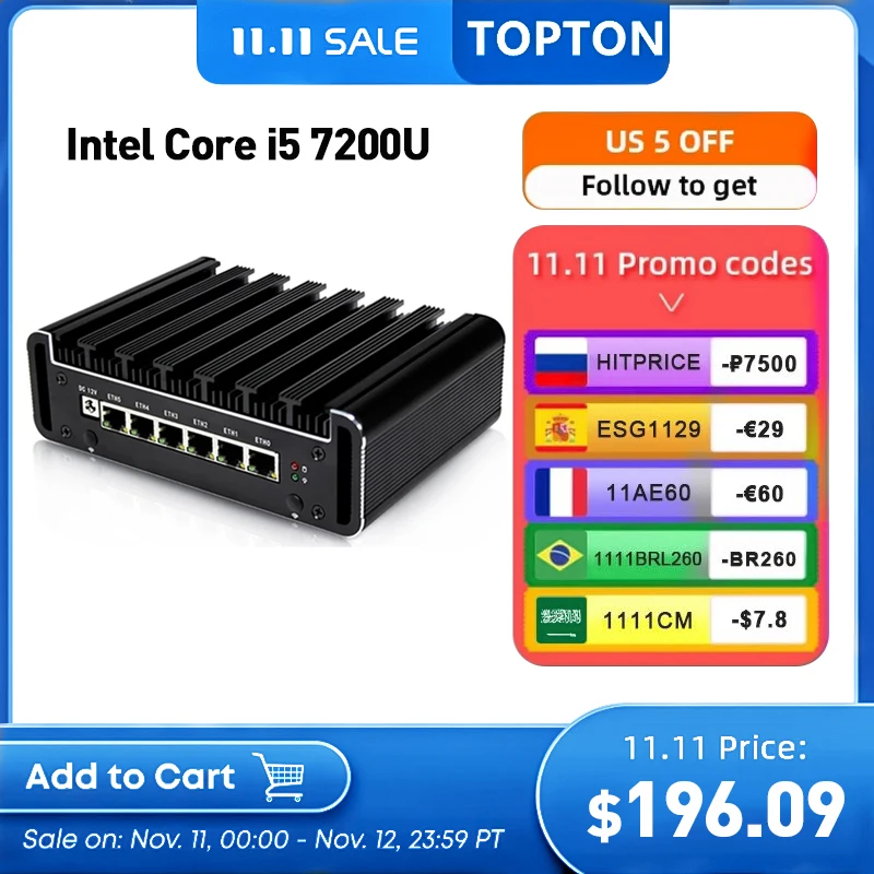 Topton Fanless 6LAN Mini PC Core i7 7500U i5 7200U 6 Intel i211AT Nic AES-NI RJ45 COM pfSense Firewall Router Linux Server | Компьютеры и