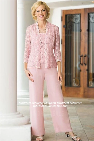 

Розовые платья для матери невесты 2024 с кружевной курткой брючные костюмы из трех частей шифоновые широкие брюки скромное официальное платье для матери