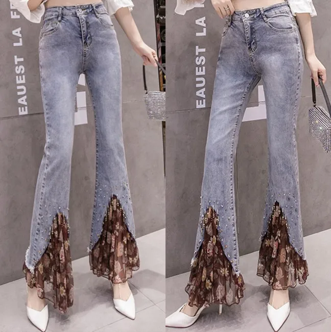 Autumn Winter Long Pants Broken Flower Print Chiffon Stitching Jeans Female Irregular Nail Beads Ironing Bell Pants Flare Jeans
Autumn Winter Long Pants Broken Flower Print Chiffon Stitching Jeans Female Irregular Nail Beads Ironing Bell Pants Flare Jeans