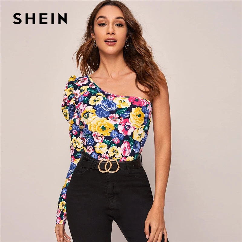 Женская футболка с цветочным принтом SHEIN разноцветная облегающая на одно плечо