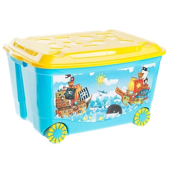 Toy box on wheels with applique, blue