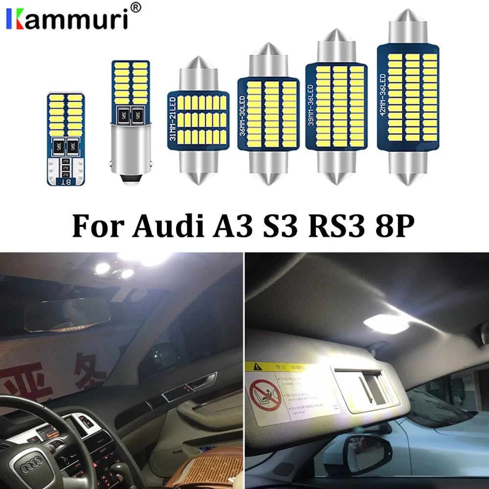 Фото KAMMURI 14Pc Canbus Error Free White LED Car Interior lamp Light Package Kit For Audi A3 S3 RS3 8P Sportback Hatchback 2003-2013 |
