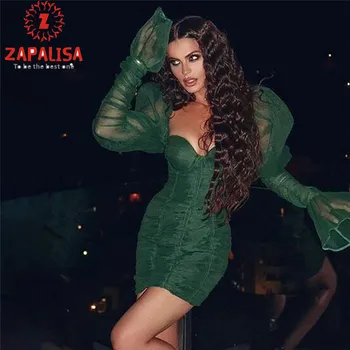 

ZAPALISA Spring Autumn Puff Sleeve Party Dress See Through Mesh Splicing Night Club Dress Sexy Plunging Draped Bodycon Dress