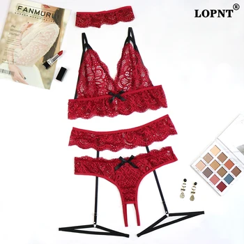 LOPNT New 4PCS Sexy lingerie Women's Transparent bra set Fashion See Through Red Female Lingerie set string underwear Set bh 
LOPNT New 4PCS Sexy lingerie Women's Transparent bra set Fashion See Through Red Female Lingerie set string underwear Set bh