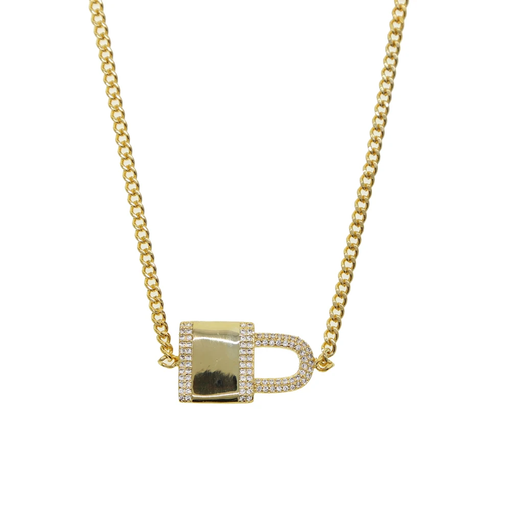 

Gold cuban link chain choker necklace with cz paved lock pendant gorgeous Rock Cool women jewelry New
