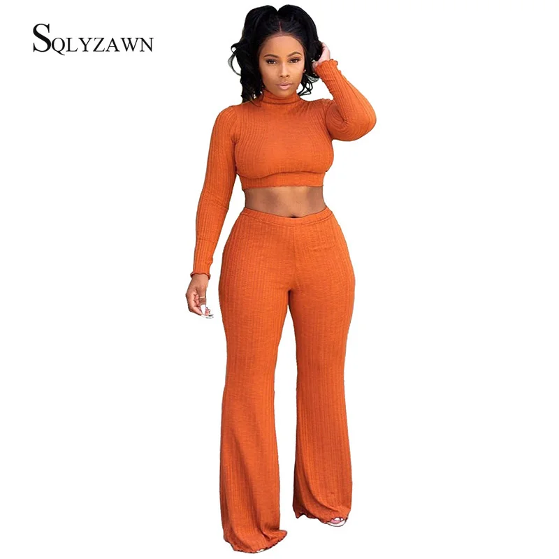 

Women Knitted Sweater Fall Winter Two Piece Set Sexy Turtleneck Crop Top + Flare Pants Matching Bodycon Co Ords Outfit Plus Size