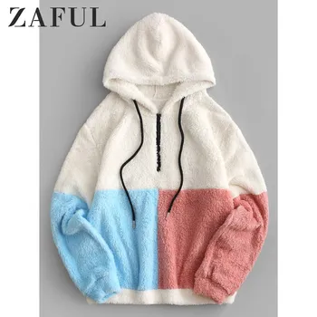 

ZAFUL Colorblock Quarter Zip Teddy Hoodie 2019 Warm Faux Fur Drop Shoulder Top Clothing Drawstring Women'S Hooded Sweatshirts