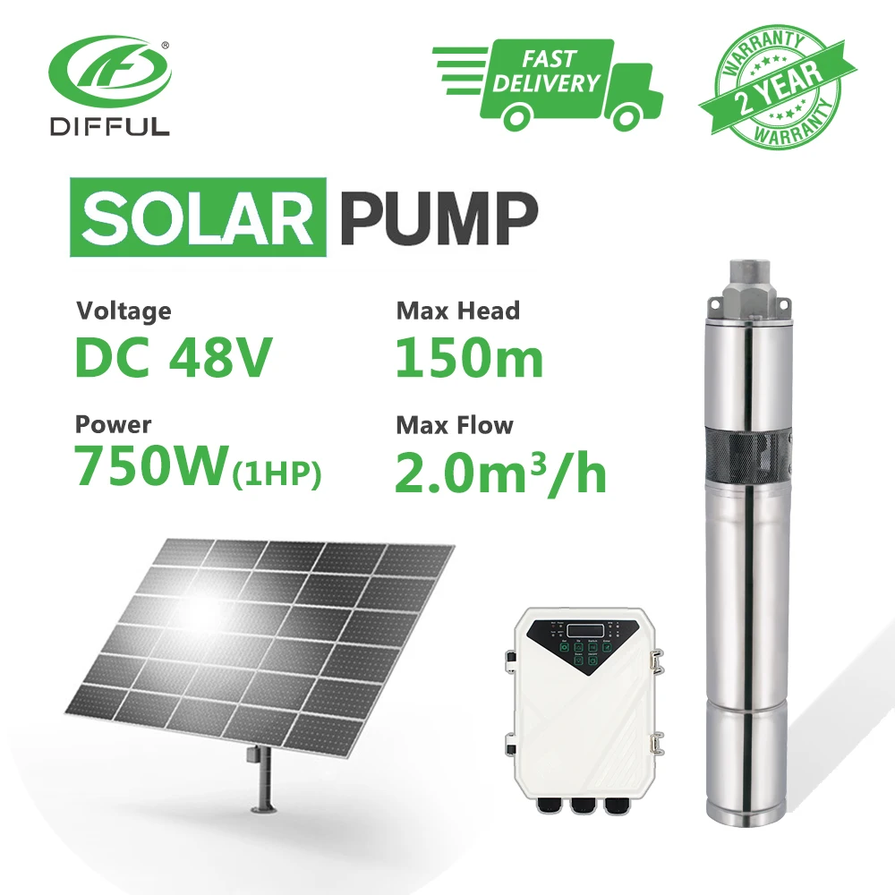 

3" DC Screw Deep Well Solar Water Pump Kits 48V 750W MPPT Controller Bore Irrigation Submersible (Max Head 150m, Flow 2000L/H)