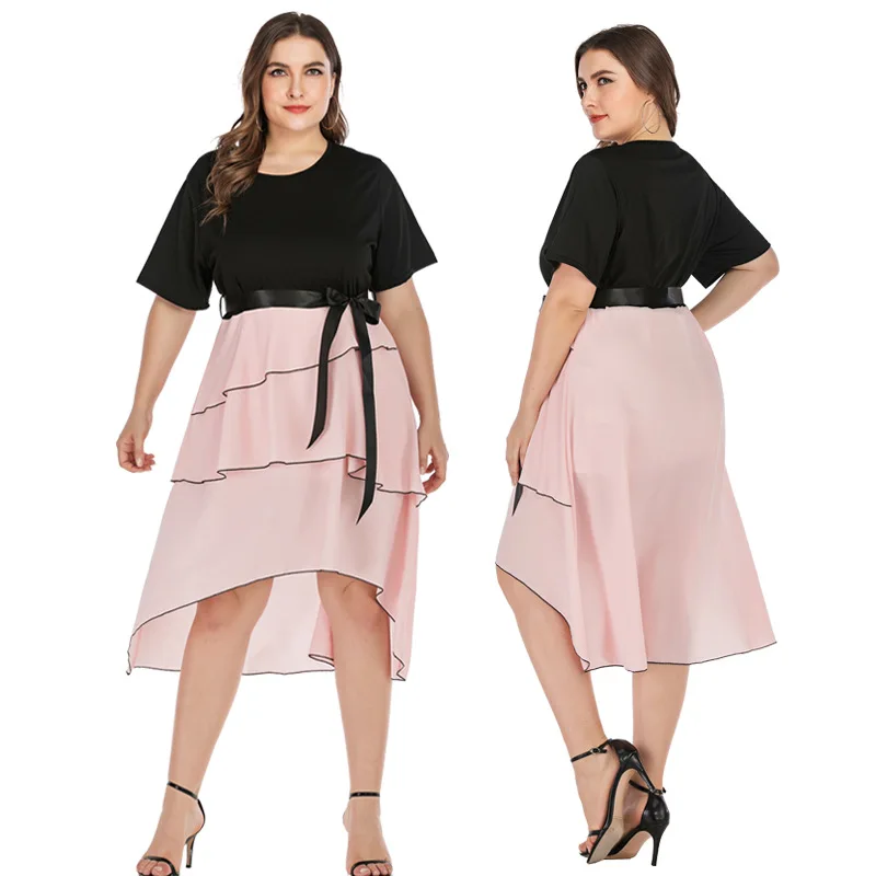 New Round Neck Short Sleeved Belt Splicing Irregular Dress 2020 Summer OL Pink Slightly Mature Temperament Large Size Dress
New Round Neck Short Sleeved Belt Splicing Irregular Dress 2020 Summer OL Pink Slightly Mature Temperament Large Size Dress