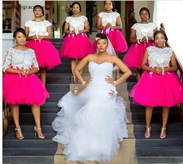 

Tutu Skirt Short Bridesmaid Dresses African Girls A Line Jewel Neck With Lace Applique Wedding Guest Gowns