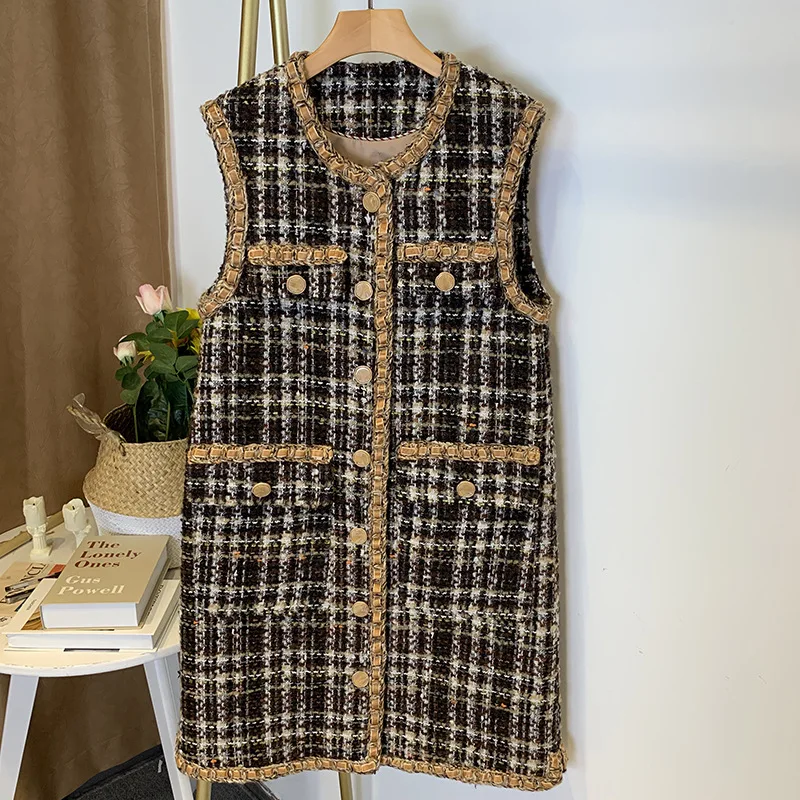 Women Plaid Tweed Long Vest 2019 Autumn Winter Round Neck Single Breasted Sleeveless Vest Woman Vest Winter Outerwear
Women Plaid Tweed Long Vest 2019 Autumn Winter Round Neck Single Breasted Sleeveless Vest Woman Vest Winter Outerwear