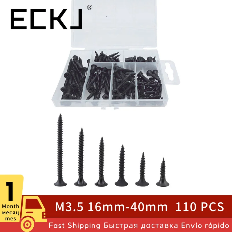 ECKJ 110pcs/Set Cross Self-Tapping Phillips Countersunk Flat Head Coarse Thread Wood Cabinet Sheetrock Drywall Screw M3.5 Black
ECKJ 110pcs/Set Cross Self-Tapping Phillips Countersunk Flat Head Coarse Thread Wood Cabinet Sheetrock Drywall Screw M3.5 Black