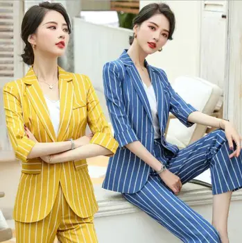 Casual Yellow Striped Pants Suits Women Two Piece Sets 2020 New Three Quarter Sleeve Blazer and Pants Business Jacket Coat
Casual Yellow Striped Pants Suits Women Two Piece Sets 2020 New Three Quarter Sleeve Blazer and Pants Business Jacket Coat
