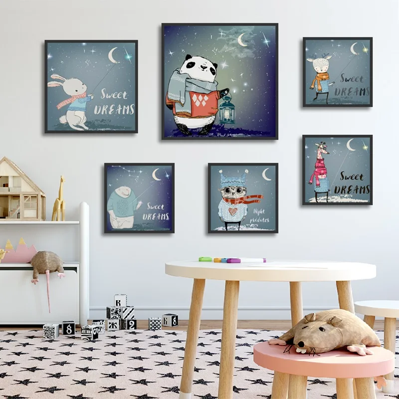 Lovely Cartoon Hanging Wall Art Animals Night Sky Canvas Posters And Prints Picture For Living Room Kid Bedroom | Дом и сад