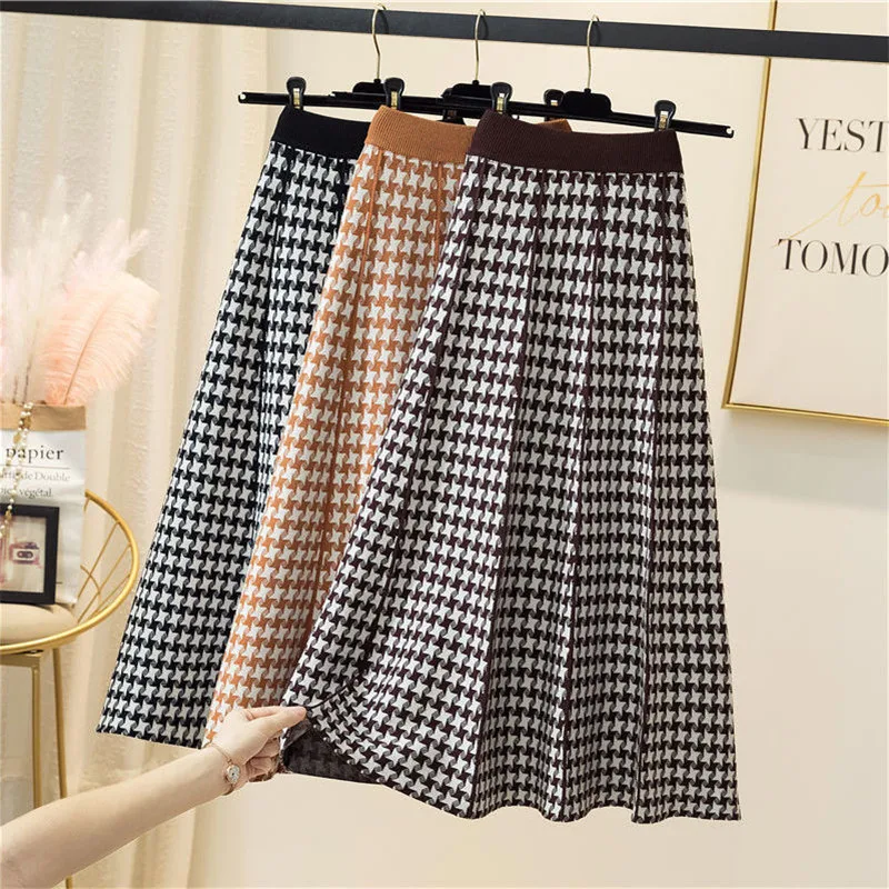 Women Skirt Knitted A-Line High Waist Plaid Midi Skirt Pleated Skirt Black Khaki Spring Autumn Winter faldas femme jupes 
Women Skirt Knitted A-Line High Waist Plaid Midi Skirt Pleated Skirt Black Khaki Spring Autumn Winter faldas femme jupes