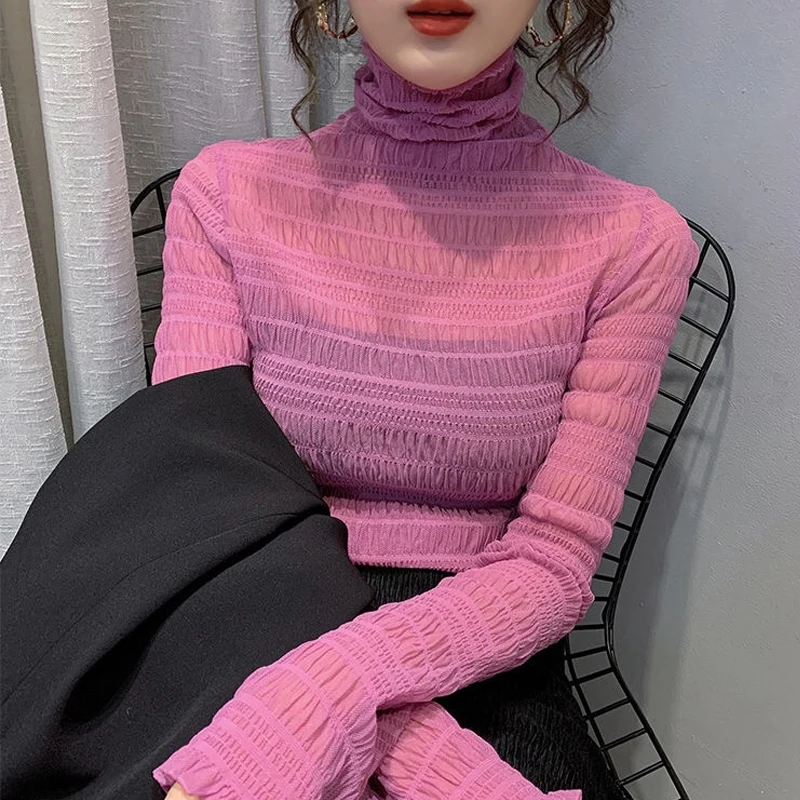 Spring Women Mesh Blouse Shirts Ladies Summer Fashion Sexy See-through Full Sleeve Soild Color Elastic Blouses Elegant Tops