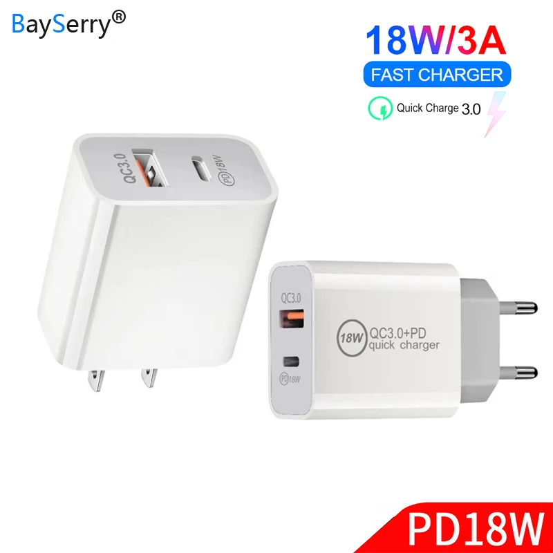 

BaySerry 18W 5V 9V 2A 3A USB PD Charger Type C Power 2 Ports Travel Wall Quick Charger FCP for Huawei iPhone 6 6s SE 7 7 Plus 8