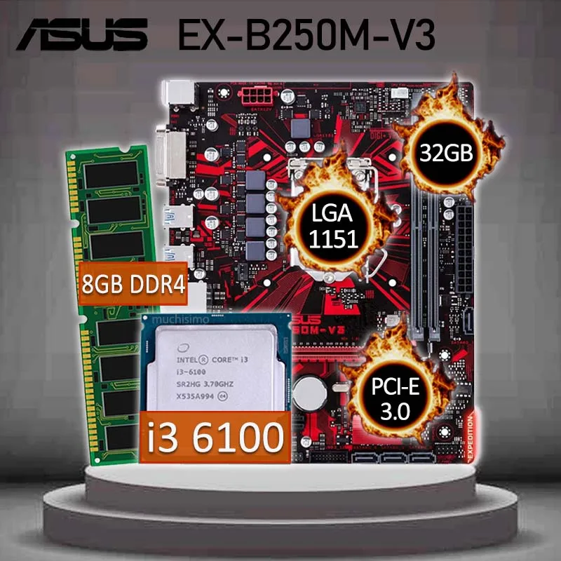 Asus EX-B250M-V3 игровая материнская плата с Intel Core i3 6100 + 8 Гб DDR4 комплект B250 Игровая