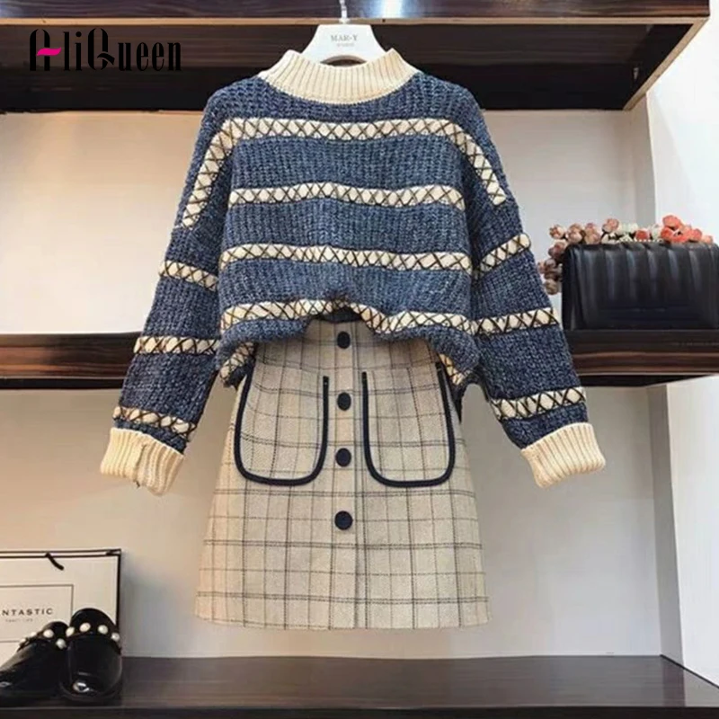 2019 Autumn Winter Plus Size 2 Piece Set Women Geometric Knitted Long Sleeve Pullover Sweater + Plaid Mini Skirt 2pcs Sets 4XL
2019 Autumn Winter Plus Size 2 Piece Set Women Geometric Knitted Long Sleeve Pullover Sweater + Plaid Mini Skirt 2pcs Sets 4XL