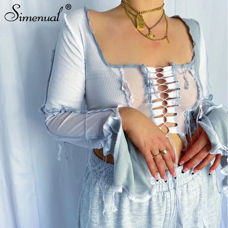 Simenual Ribbed Patchwork Mesh Slit Tie Front Top Long Sleeve Women Sexy Lace Up Hollow Out Crop Tops Sexy Club Autumn Slim Tees
Simenual Ribbed Patchwork Mesh Slit Tie Front Top Long Sleeve Women Sexy Lace Up Hollow Out Crop Tops Sexy Club Autumn Slim Tees