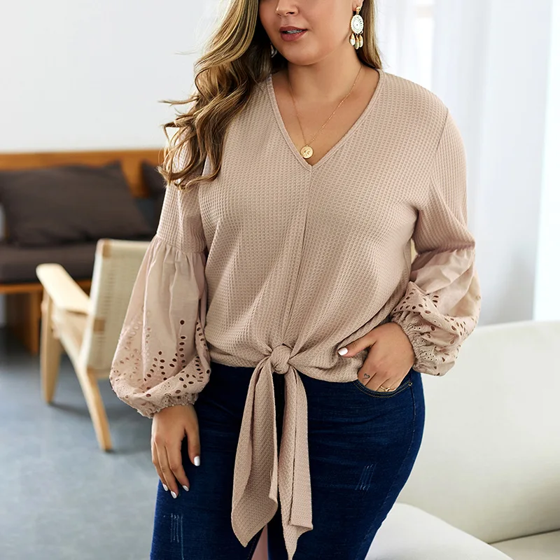 

Autumn plus size casual sweater 6XL 7XL 8XL ladies sexy V-neck fashion lantern sleeve knitted sweater