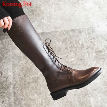 krazing pot Winter round toe cow leather keep warm thick low heel modern riding half lace up decoration thigh high boots l6f9 
krazing pot Winter round toe cow leather keep warm thick low heel modern riding half lace up decoration thigh high boots l6f9