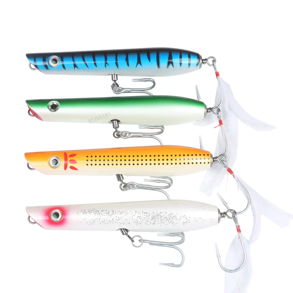 MIZUGIWA 4pcs Pencil Popper Plugs 6“ GT Wooden Lure with Feather Handmade Surf Lures Floating Mustad Hooks Trolling Bait Tuna
MIZUGIWA 4pcs Pencil Popper Plugs 6“ GT Wooden Lure with Feather Handmade Surf Lures Floating Mustad Hooks Trolling Bait Tuna