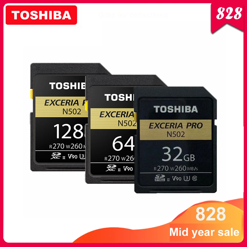 

TOSHIBA SD Card 32GB SDHC U3 64GB 128GB SDXC V90 UHS-II Memory Cards N502 EXCERIA PRO Up to 270MB/s Support 8K video Recording