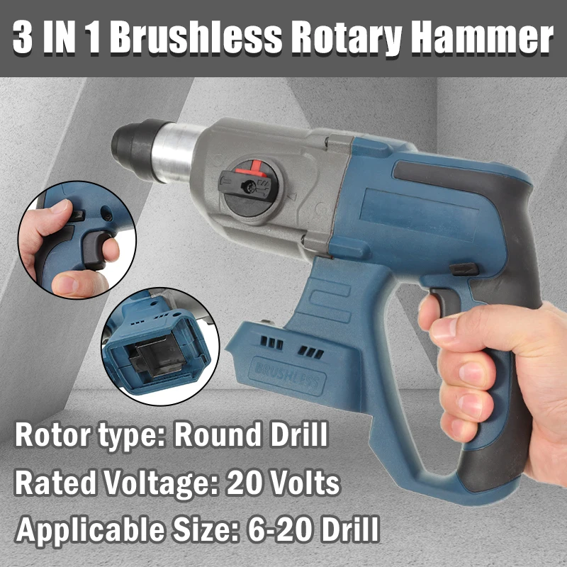 20V Electric Drill Hammer 3 IN 1 Brushless Rotary Hammer 3 Function Hammering Machine Drilling Concrete Tool For Makita Battery
20V Electric Drill Hammer 3 IN 1 Brushless Rotary Hammer 3 Function Hammering Machine Drilling Concrete Tool For Makita Battery