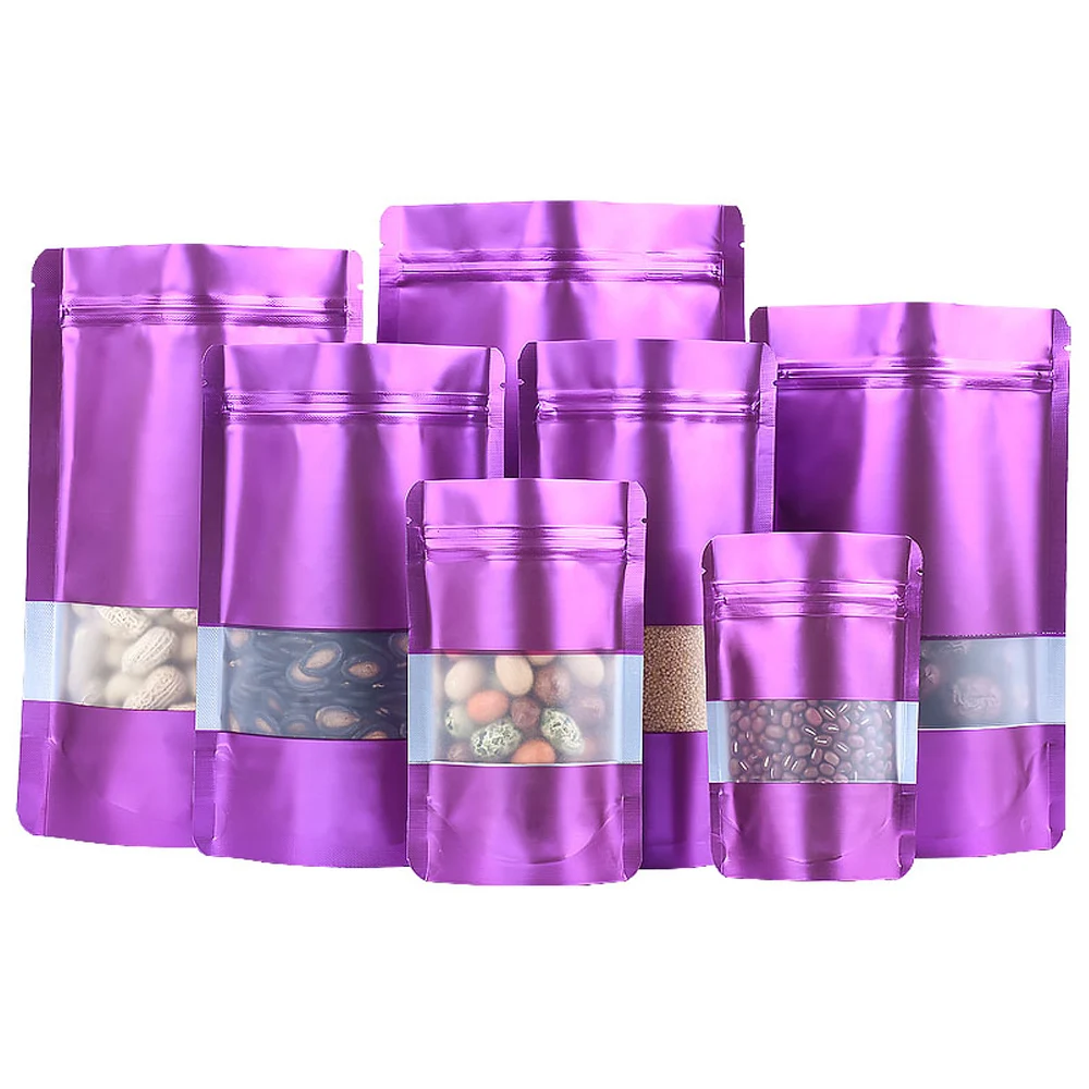 

100 шт. пурпурная майларовая фольга с застежкой-молнией, стоячий пакет с матовым прозрачным окошком, пакеты дой для еды, шоколада, чая, фасоли