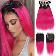 

Sexay Pink Bundles With Closure 10A Remy Peruvian Straight Human Hair Weave Extensions And Lace Closures Ombre Bundles Closure