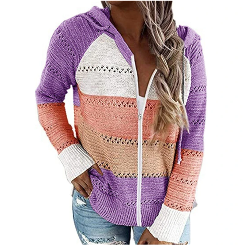 Fall Women Zipper Cardigan Sweater Casual Loose V-Neck Hooded Long Sleeve Sweaters Color Contrast Patchwork Striped knitted Tops |