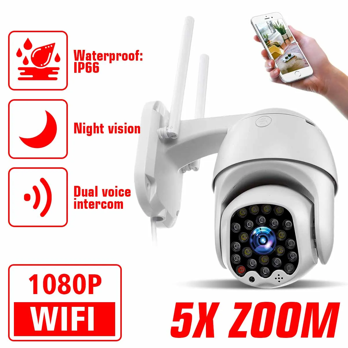 1080P IP WiFi Camera Outdoor Speed Dome 5X Zoom Home Security Camera CCTV Surveillance IR Two Way Audio Mini Camera
1080P IP WiFi Camera Outdoor Speed Dome 5X Zoom Home Security Camera CCTV Surveillance IR Two Way Audio Mini Camera