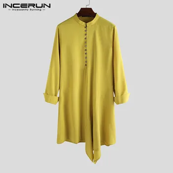 

INCERUN Men Long Shirt Indian Clothes 2020 Vintage Solid Color Long Sleeve Kurtas Mens Asymmetric Shirts Elegant Muslim Robes