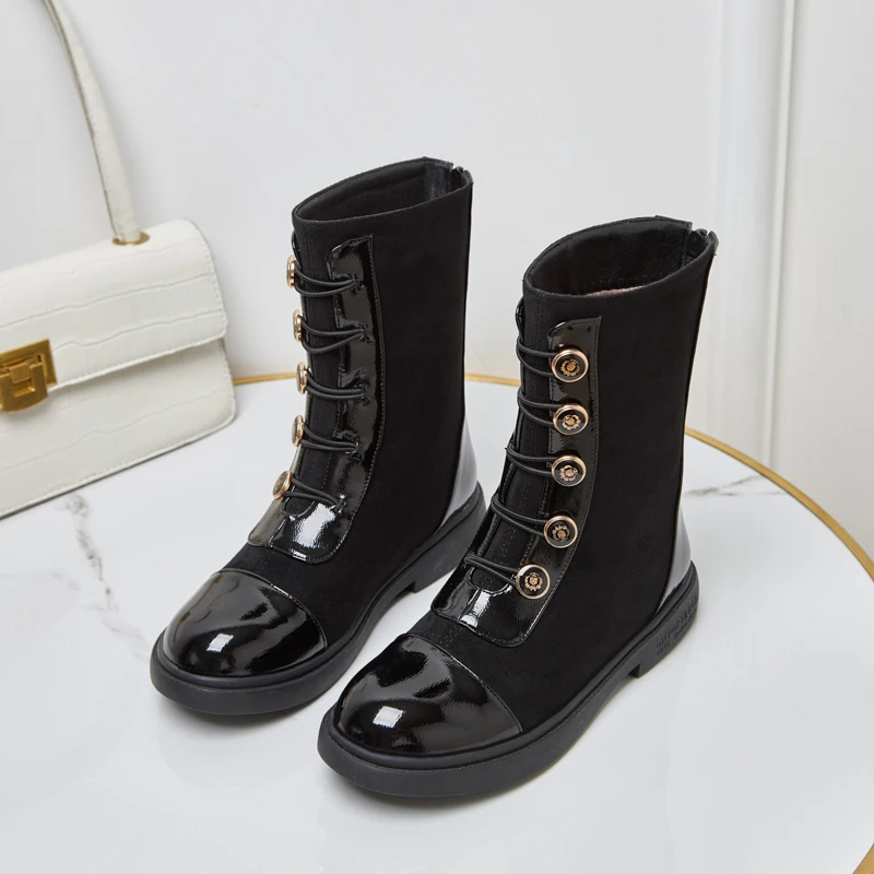 Flock Stitching Patent Leather Women's Flat Boots Round Metal Buttons Decorated Zippers To Keep Warm Winter Ankle Boots
Flock Stitching Patent Leather Women's Flat Boots Round Metal Buttons Decorated Zippers To Keep Warm Winter Ankle Boots