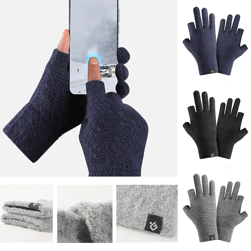 Новые вязаные перчатки с двумя пальцами мужские осенние и зимние матовые теплые