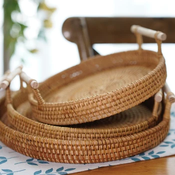 Round Basket Tray with Handle Hand-woven Rattan Fruit Food Storage Platter Plate Double-ear Woven Breakfast Drink Snack 
Round Basket Tray with Handle Hand-woven Rattan Fruit Food Storage Platter Plate Double-ear Woven Breakfast Drink Snack