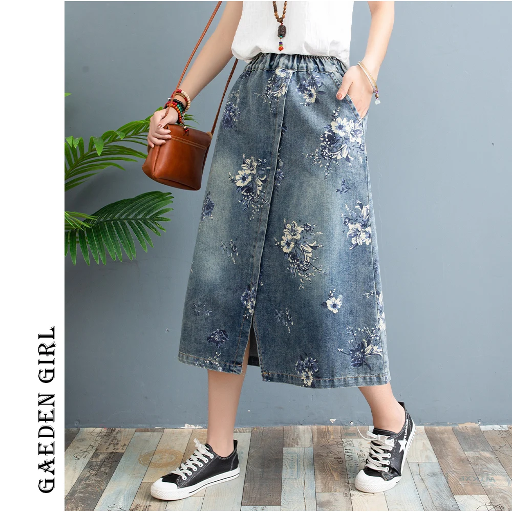 Фото GG Spring Summer Skirt Long skirts “7701”Flower Oriental Rural Wind Design Baggy Plus SIZE denim women's Woman clothes | Женская