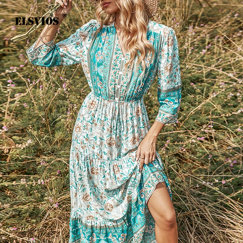 Elegant Floral Print Summer Maxi Dress V Neck 3/4 Sleeve Casual Loose Chiffon Beach Dress New Fashion Spring Woman Party Dresses
Elegant Floral Print Summer Maxi Dress V Neck 3/4 Sleeve Casual Loose Chiffon Beach Dress New Fashion Spring Woman Party Dresses
