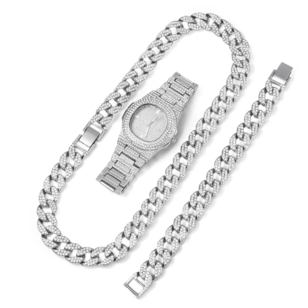 

Necklace +Watch+Bracelet Hip Hop Miami Curb Cuban Chain Gold Iced Out Paved Rhinestones CZ Bling Rapper For Men Chain Jewelry