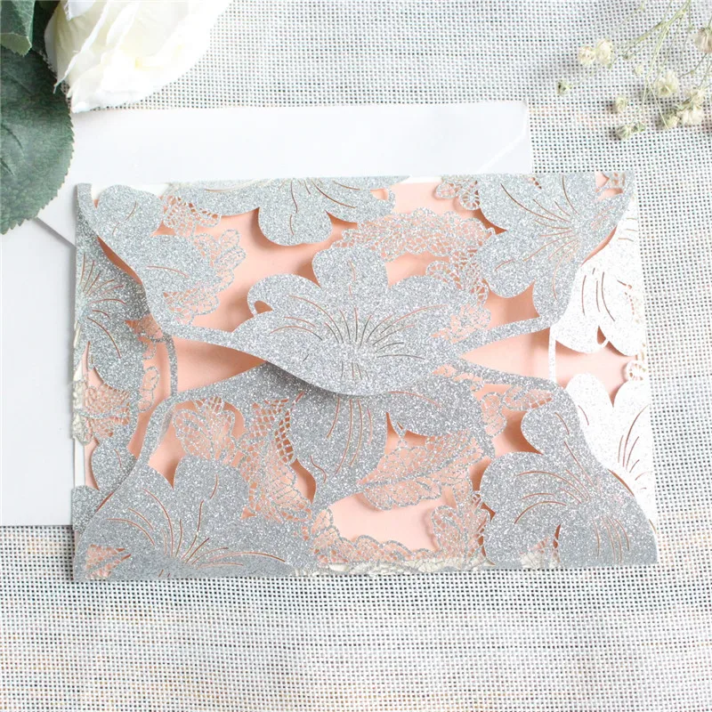 Glittery silver invitation pocket elegant lotus flower laser design customized insert card printing
Glittery silver invitation pocket elegant lotus flower laser design customized insert card printing