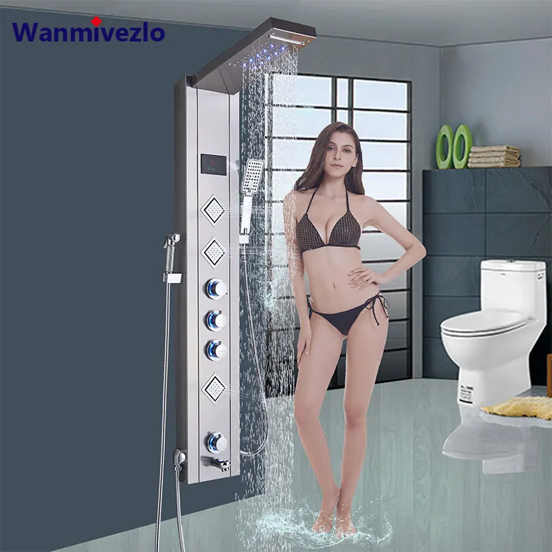 Brushed Nickel Hydroelectricity Digital Display Shower Panel Column LED Rain Waterfall Shower Spa Jets Bath Shower Mixer
Brushed Nickel Hydroelectricity Digital Display Shower Panel Column LED Rain Waterfall Shower Spa Jets Bath Shower Mixer