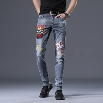 New skinny jeans men print for men stretch skinny slim pants men clothes trousers hip hop streetwear Spring grey 
New skinny jeans men print for men stretch skinny slim pants men clothes trousers hip hop streetwear Spring grey