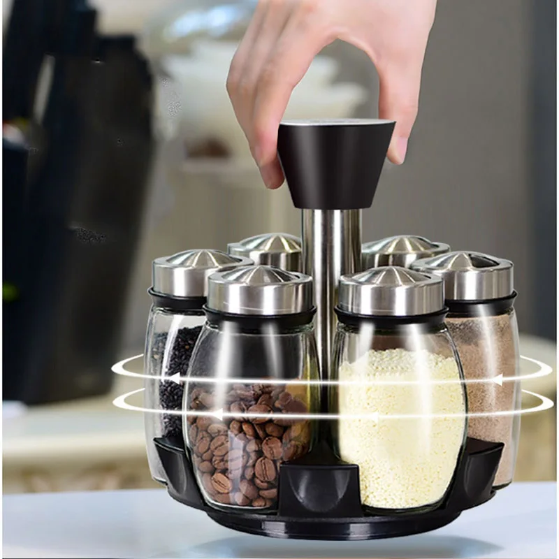 

Revolving Spice Rack Seasoning Tool Organizer Glass Sugar Bowl Salt Jar Pepper Kitchen Gadget Label Sticker Spices Storage Box