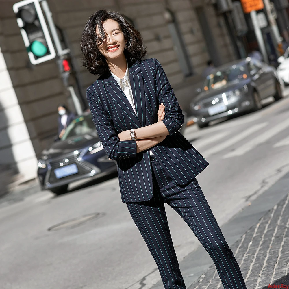 Autumn Winter Formal Elegant Blue Black Striped Women's Suit Pants Blazer Jacket Trousers Suit Office Lady Work Wear 2 Piece Set 
Autumn Winter Formal Elegant Blue Black Striped Women's Suit Pants Blazer Jacket Trousers Suit Office Lady Work Wear 2 Piece Set