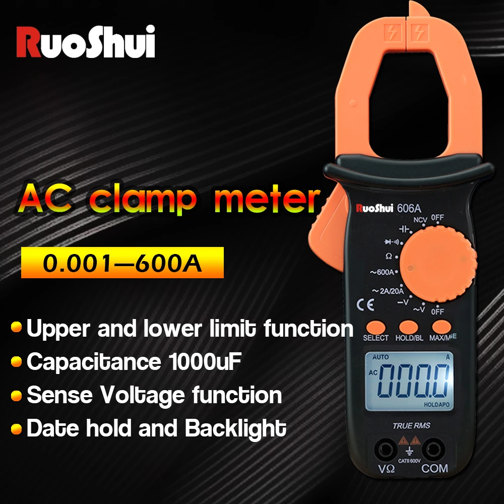 RuoShui Clamp multimeter 606A Auto Range NCV Measurement of large capacitance DC/AC Voltage and AC Current tester current meter
RuoShui Clamp multimeter 606A Auto Range NCV Measurement of large capacitance DC/AC Voltage and AC Current tester current meter