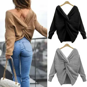 Sweater Women Solid Color Long Sleeve V Neck Knitted Sweater Backless Knot Pullover Top
Sweater Women Solid Color Long Sleeve V Neck Knitted Sweater Backless Knot Pullover Top
